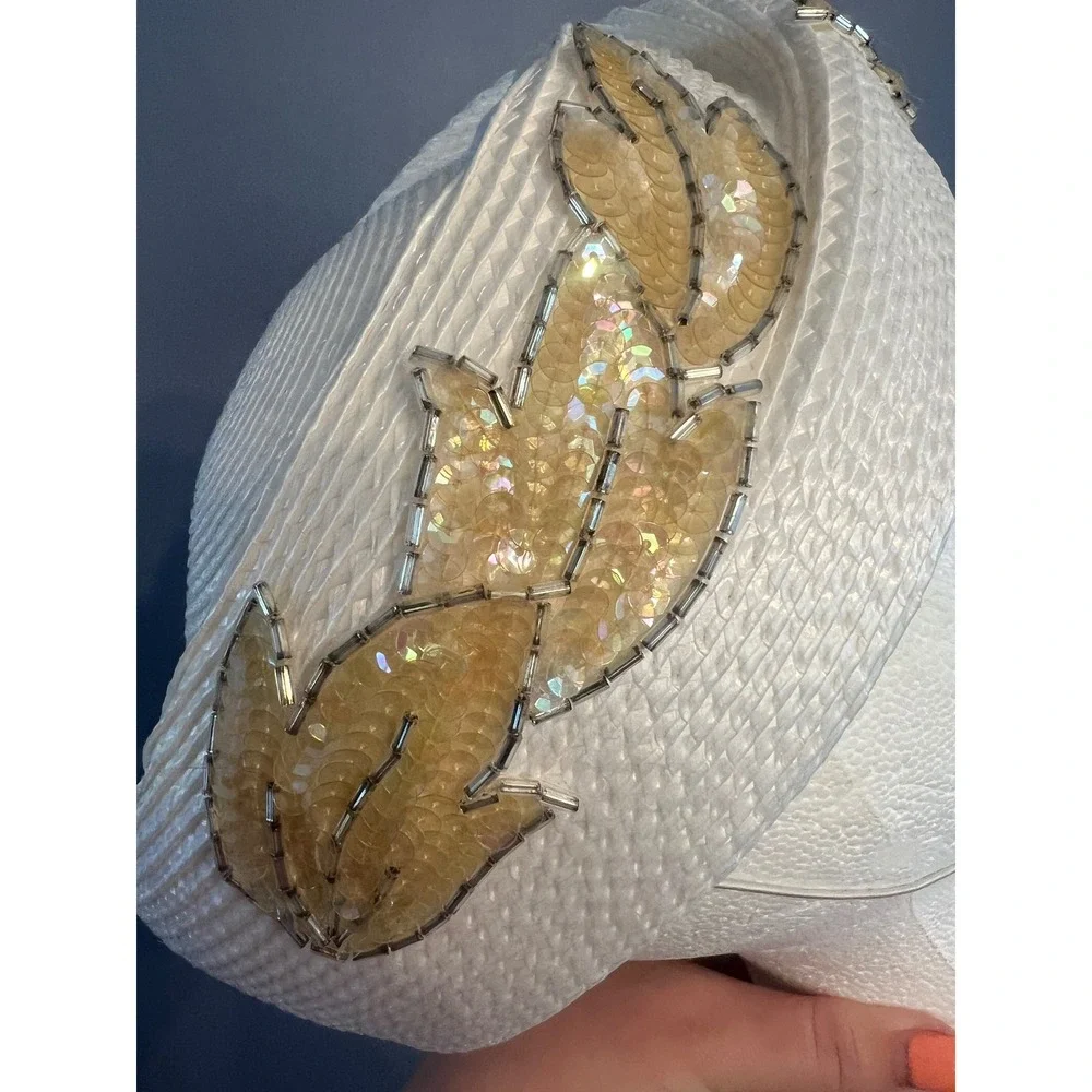 Vintage Woven White Pill Box‎ Hat W Sequin Pattern Elastic Strap 50s/60s Elegant